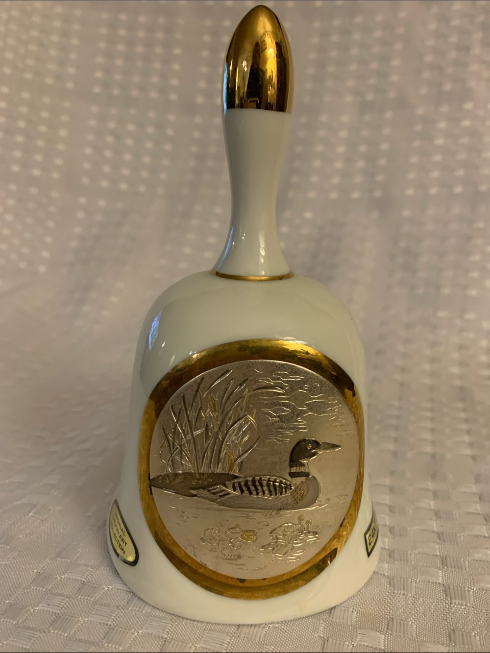 Art of Chokin White and Gold Porcelain Bell with Duck Motif.